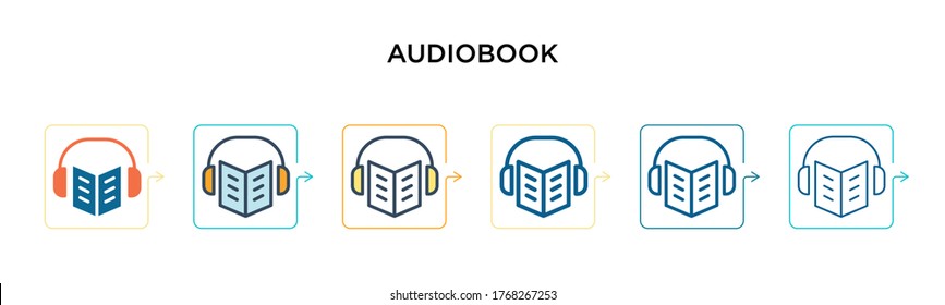 Audiobook vector icon in 6 different modern styles. Black, two colored audiobook icons designed in filled, outline, line and stroke style. Vector illustration can be used for web, mobile, ui
