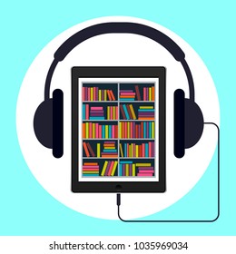 Audiobook, vector illustration. Tablet or smartphone with the app on the screen in the form of an electronic library and headphones.