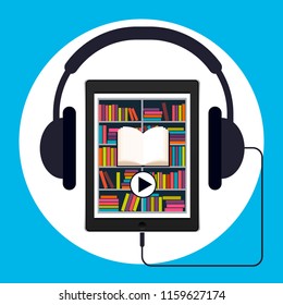 Audiobook, vector illustration. Tablet or smartphone with the app on the screen in the form of an electronic library and headphones.