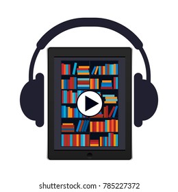 Audiobook, vector illustration. Tablet or smartphone with the app on the screen in the form of an electronic library and headphones.