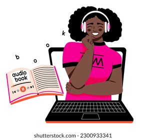 Audiobook. Woman in wireless headphones listening book online. Concept of online learning. Internet library in the laptop. Vector illustration