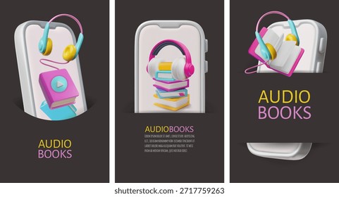 Conjunto de Vector de diseño de póster de estilo plástico de dibujos animados 3D. Escuchar libros de audio desde un smartphone. Biblioteca en línea, educación en internet. Servicio de audiolibro o tienda de difusión de literatura