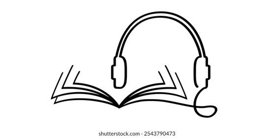 Audiolivros. Livro aberto e páginas de desenhos animados. Conceito de educação. Desenho de linha. Sinal de livros abertos. Logotipo da livraria. Páginas voadoras. Dia Mundial do Livro. Livro de áudio, conceito de podcast.