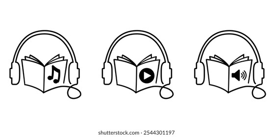 Audiolivros. Livro aberto e páginas de desenhos animados. Conceito de educação. Desenho de linha. Sinal de livros abertos. Logotipo da livraria. Páginas voadoras. Dia Mundial do Livro. Livro de áudio, conceito de podcast. Ferramentas de reprodução de música.