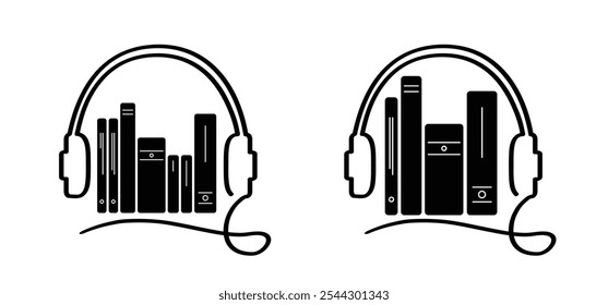 Audiolivros. Livro aberto e páginas de desenhos animados. Conceito de educação. Desenho de linha. Sinal de livros abertos. Logotipo da livraria. Páginas voadoras. Dia Mundial do Livro. Livro de áudio, conceito de podcast. Ferramentas de reprodução de música.