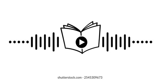 Audiolivros. Livro aberto e páginas de desenhos animados. Conceito de educação. Desenho de linha. Sinal de livros abertos. Logotipo da livraria. Páginas voadoras. Dia Mundial do Livro. Livro de áudio, conceito de podcast. Ferramentas de reprodução de música.