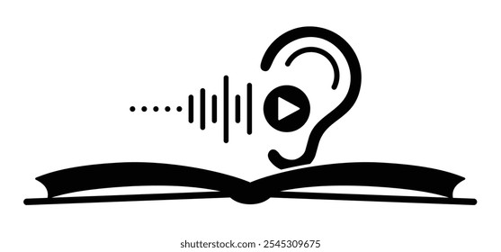 Audiolivros. Livro aberto e páginas de desenhos animados. Conceito de educação. Desenho de linha. Sinal de livros abertos. Logotipo da livraria. Páginas voadoras. Dia Mundial do Livro. Livro de áudio, conceito de podcast. Ferramentas de reprodução de música.