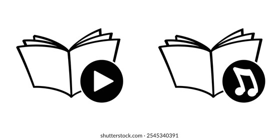 Audiolivros. Livro aberto e páginas de desenhos animados. Conceito de educação. Ícone de ouvido. Sinal de livros abertos. Logotipo da livraria. Páginas voadoras. Dia Mundial do Livro. Livro de áudio, conceito de podcast. Ferramentas de reprodução de música.