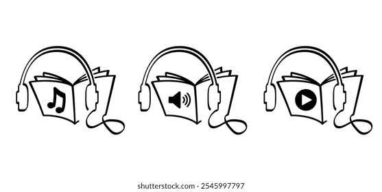 Audiobooks. Cartoon open book and pages. Education concept. Line drawing. Opened books sign. Book store logo. Flying pages. World book day. Audio book concept.