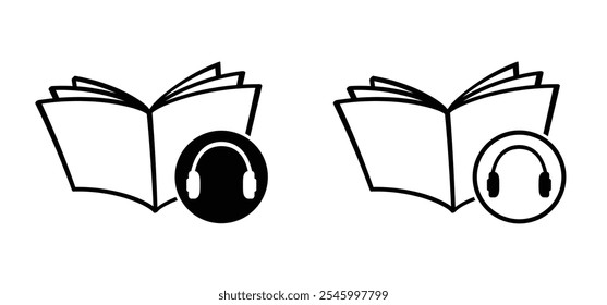 Audiolivros. Livro aberto e páginas de desenhos animados. Conceito de educação. Ícone de ouvido. Sinal de livros abertos. Logotipo da livraria. Páginas voadoras. Dia Mundial do Livro. Livro de áudio, conceito de podcast. Ferramentas de reprodução de música.