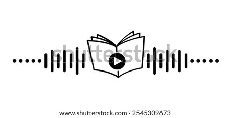 Audiobooks. Cartoon open book and pages. Education concept. Line drawing. Opened books sign. Book store logo. Flying pages. World book day. Audio book, podcast concept. Music play tools.