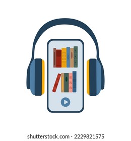 Audiobooks concept. Headphones and pile of books on the smartphone screen. Listening to e-books in audio format. Books online. Hand drawn vector illustration isolated on white background. Flat style.