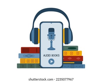 Audiobooks concept. Headphones, pile of books, microphone on the smartphone screen. Listening to e-books in audio format. Books online. Hand drawn flat vector illustration isolated on white background