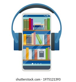 Audiobooks concept. Listening to e-books in audio format. Books online, headphones. Online training banner