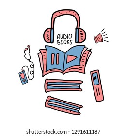 Audiobooks concept. Set of audio book symbols with lettering. Vector illustration.