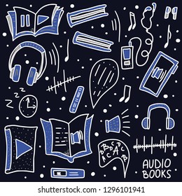 Audiobooks concept. Set of audio book symbols with lettering. Vector illustration.