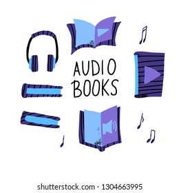 Audiobooks concept. Set of audio book symbols with lettering. Vector flat illustration with text.