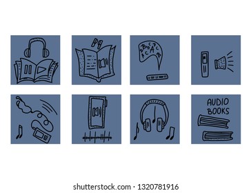 Audiobooks concept. Set of audio book symbols with lettering. Vector illustration.