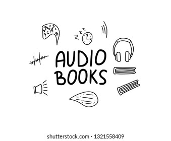 Audiobooks concept. Set of audio book symbols with lettering. Vector illustration.