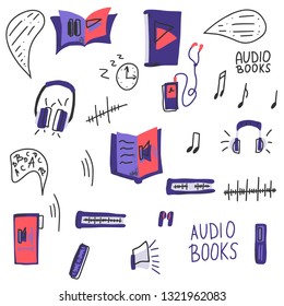 Audiobooks concept. Set of audio book symbols with lettering. Vector illustration.