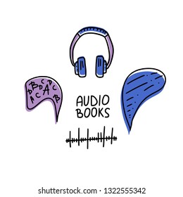 Audiobooks concept. Set of audio book symbols with lettering. Vector illustration.