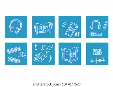 Audiobooks concept. Set of audio book symbols with lettering. Vector illustration.