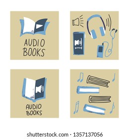Audiobooks concept. Set of audio book symbols with lettering. Vector illustration.