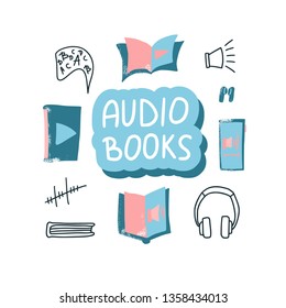 Audiobooks concept. Set of audio book symbols with lettering. Vector illustration.