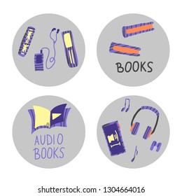 Audiobooks concept. Set of round badges with audio book symbols with lettering. Vector illustration.