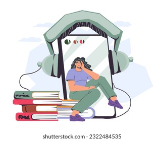 Audiobooks and ebook, music and e-library online app banner, flat vector illustration isolated on white background. Audiobooks subscription banner or poster design.