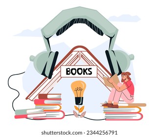 Audiobooks and ebook purchase, e-library banner or poster template. People listen to audiobooks concept for website or app, flat vector illustration isolated on white background.