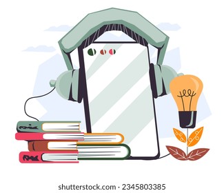 Audiobooks and ebook purchase, e-library banner for electronic books store or app, flat vector illustration isolated on white background. Audiobooks banner or poster design.