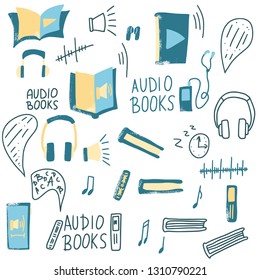 Audiobooks elements collection. Set of audio book symbols with lettering. Vector illustration.