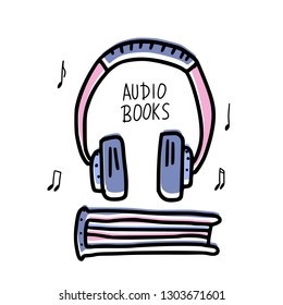 Audiobooks emblem. Set of audio book symbols with lettering. Vector conceptual illustration.