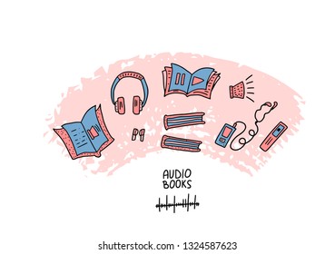 Audiobooks emblem. Set of audio book symbols with lettering. Vector illustration.
