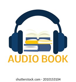 Audiobooks with headphones and text. Vector flat illustration. Headset concept with stack of books, idea of listening to podcasts, electronic education, study, digital online books. 