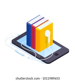 Audiobooks isometric concept. 3d pile of books with the headphones on the smartphone screen. Listening to e-books in audio format. Books online. Vector illustration.