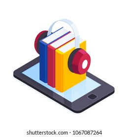 Audiobooks isometric concept. 3d pile of books with the headphones on the smartphone screen. Listening to e-books in audio format. Books online. Vector illustration.