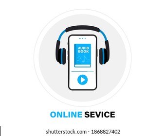 Audiobooks logo. Listen literature, e-books in audio format. Books online mobile application flat icon. Online audiobook with headphones, distance education e-learning. Podcast, Webinar, Tutorial