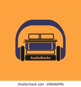 Audiobooks logo. Stylized vector emblem of books with headphone on a orange background.