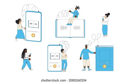 Audiobooks lovers set. People with audio books books isolated. Literature fans. Vector colr illustration.