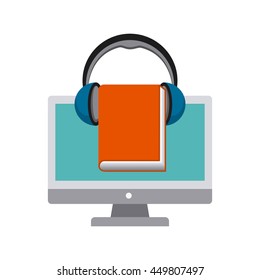 Audiobooks and online learning concept represented by book, computer and headphone icon. Isolated and flat illustration. 