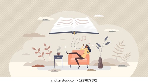 Audiobooks as online library and virtual e-book service tiny person concept. Listen downloaded literature in application with headphones vector illustration. Audio books as e-learning internet course.