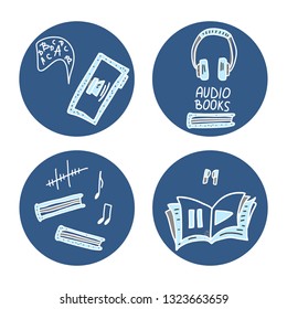 Audiobooks round badges concept. Set of audio book symbols with lettering. Vector illustration.