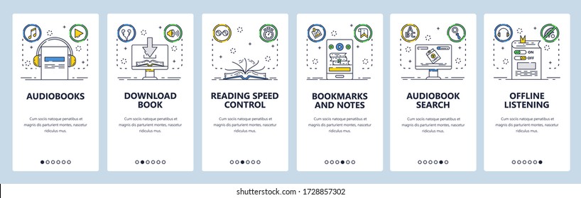 Sitio web de audiolibros y pantallas onboard de aplicaciones móviles. Plantilla vectorial de banner de menú para el desarrollo de sitios web y aplicaciones. Audiobook aplicación de teléfono móvil, escucha fuera de línea. Arte de líneas delgadas de estilo plano.