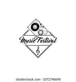 Audiocassette icon, Treble clef badge. Music Festival logo embelm label. Music badge. Vector illustration
