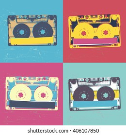 Audiocassette Retro Popart Music Seamless Background. Vintage Styled Retro Music Seamless Pattern