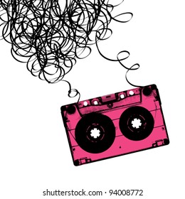 Audiocassette tape with tangled. Vector illustration.