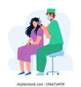 Audiologist Checking Patient Girl Ears Vector. Audiologist Doctor Man Examining Young Woman Hearing In Hospital Cabinet. Characters Health Check And Treatment Flat Cartoon Illustration
