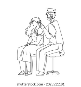 Audiologist Checking Patient Girl Ears Black Line Pencil Drawing Vector. Audiologist Doctor Man Examining Young Woman Hearing In Hospital Cabinet. Characters Health Check And Treatment Illustration